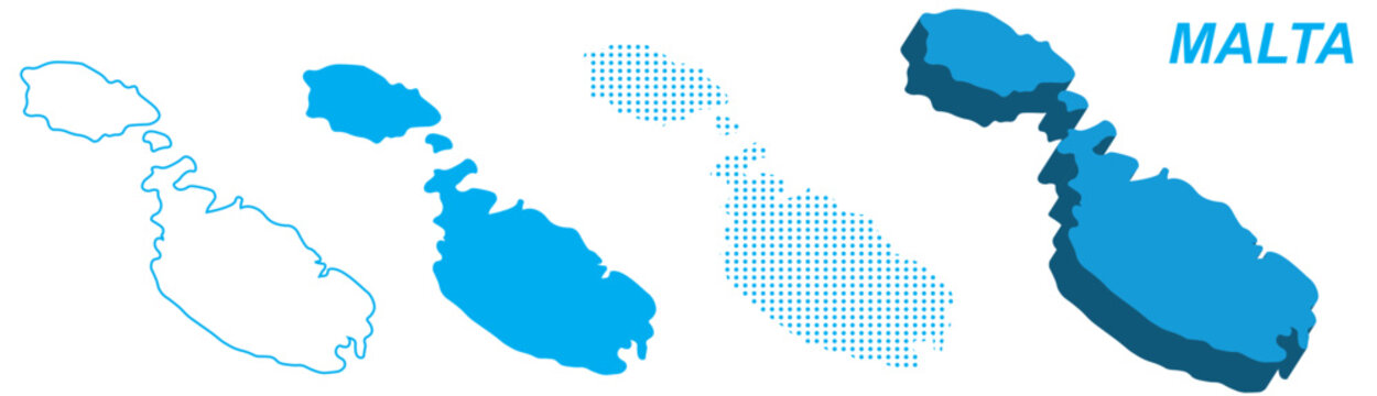 Malta Map Vector Set, Europe Outline Silhouette Dotted 3D Solid Shapes, Malta Country Infographic Template, Editable EPS Malta Geography