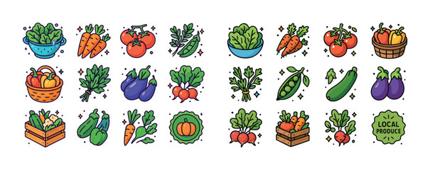 Colorful hand-drawn vegetable icons: fresh produce variety