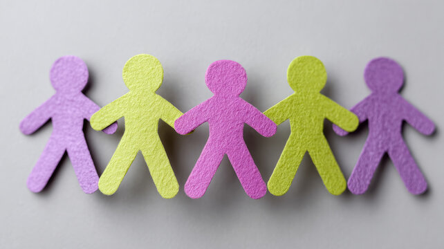 Colorful paper dolls symbolizing teamwork and unity on gray background.