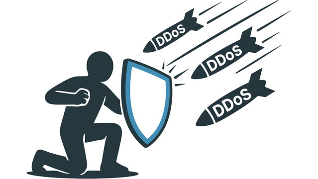 Man protecting with shield from cyber DDoS attacks