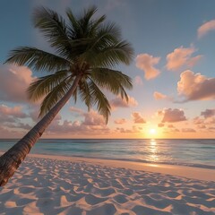 Tropical island beach at sunset with clear blue water