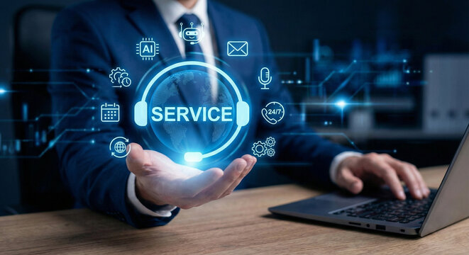 AI customer service support system concept. Businessman presenting global AI service technology with chatbot, email, phone and voice assistant for 24/7 help online communication and automated helpdesk - Powered by Adobe