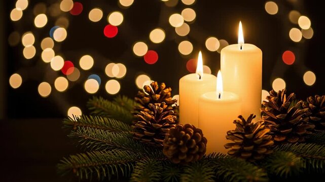 Christmas advent decoration with three burning candles and pinecone centerpiece. Warm and cozy holiday scene with fir branches against a background of festive bokeh lights