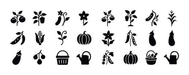 Naklejka premium Set of vegetable and gardening icons: tomatoes, corn, peas, eggp