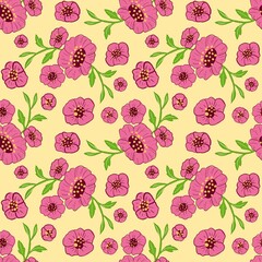 Pattern Flower Cute Pink Floral Seamless Pattern on Yellow Background