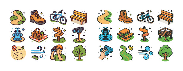 Obraz premium Outdoor activities icons collection: hiking, biking, picnic, nat