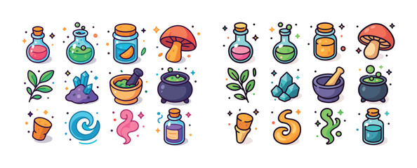 Fototapeta premium Colorful magic potions and ingredients with crystals and mushroo
