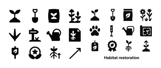 Fototapeta premium Habitat restoration icons: tools, plants, watering cans, growth