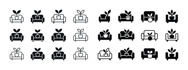 Black and white couch set with potted plants minimalist icons
