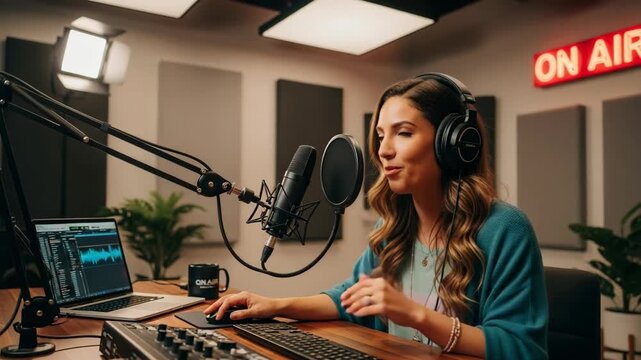 Expressive female radio host broadcasting a live show from a professional recording studio. Young adult podcaster speaking into a microphone and using a computer for streaming