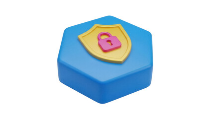 Isolated icon of blue hexagon with golden shield & pink padlock, representing security