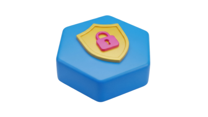 Isolated icon of blue hexagon with golden shield & pink padlock, representing security
