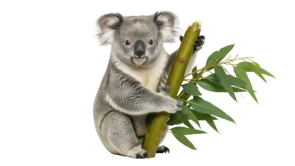 Isolated Australian Koala bear, Phascolarctos cinereus, clinging to eucalyptus tree trunk © Fried