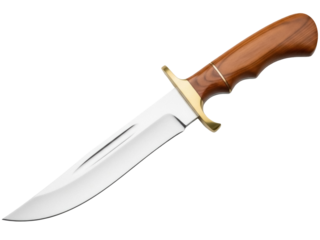 Isolated hunting knife with wood handle and shiny blade for display or collection purposes