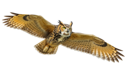 Isolated Great Horned Owl flying overhead with its wings spread in front of a blank canvas