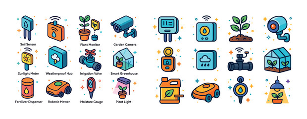 Smart gardening icons: soil sensors, plant monitors, irrigation