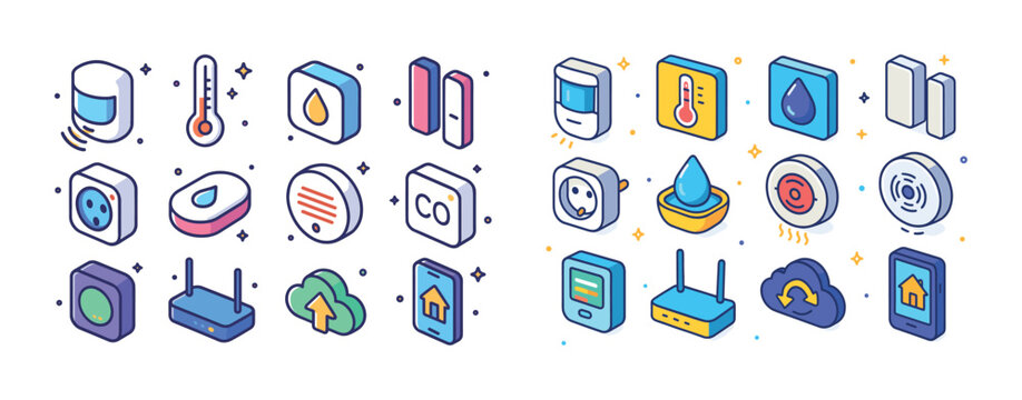 Colorful isometric smart home icons for iot devices and automati
