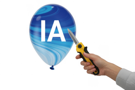 Hand holding scissors cutting blue balloon with I A text isolated on a transparent background - Powered by Adobe