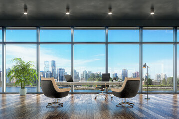 A modern executive office with large panoramic windows overlooking a bright city skyline. 3d illustration