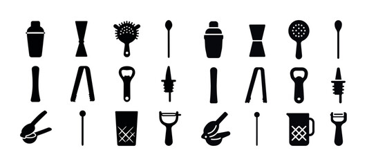 Silhouettes of cocktail bar tools collection for bartenders
