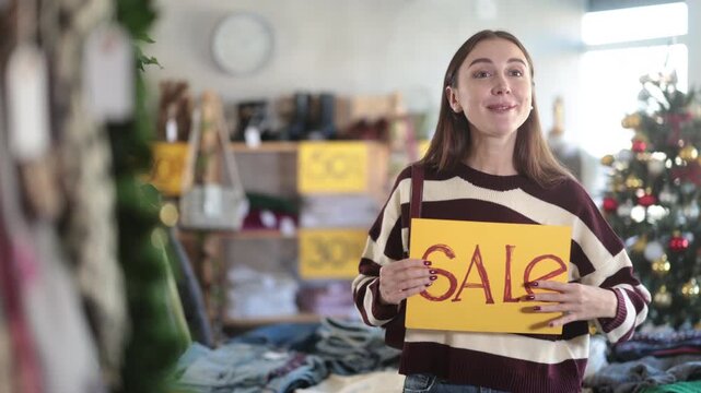 Girl with poster in hands announce mega Black Friday discounts in womens clothing store. Hostes presented hold advertisement with inscription price reduction, announced mega SALE