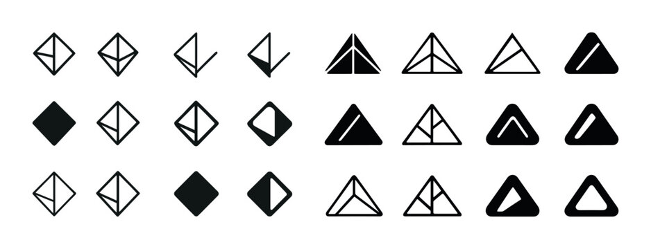 Geometric triangle and diamond icons set in various styles: mono
