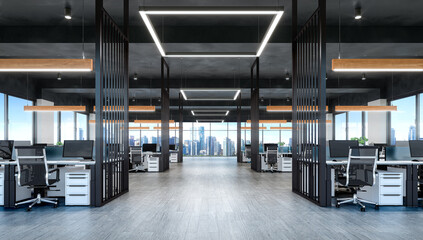 A modern open-space office interior featuring large windows, wooden flooring, contemporary desks, ergonomic office chairs, and stylish hanging lights. 3d illustration