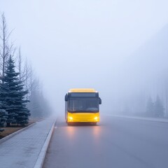 Obraz premium Fog lifting as electric bus starts day route, Electric school bus