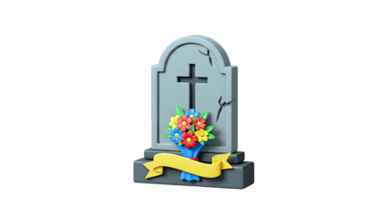 Cartoon Gravestone with Flowers and Ribbon on White Background