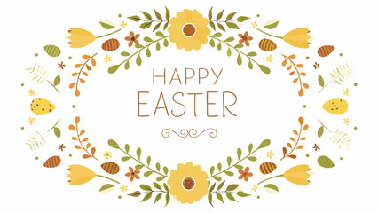 Vibrant Easter wreath with flowers and eggs on white background