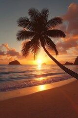 Tropical island beach at sunset with palm tree realistic textures and glowing sea reflection