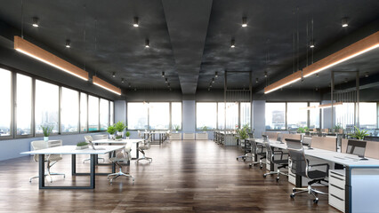 A modern open-space office interior featuring large windows, wooden flooring, contemporary desks, ergonomic office chairs, and stylish hanging lights. 3d illustration
