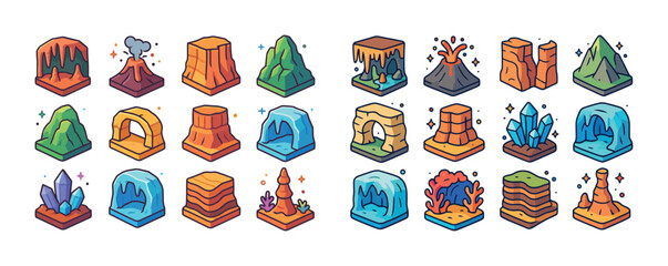 Colorful cartoon natural landform icons set