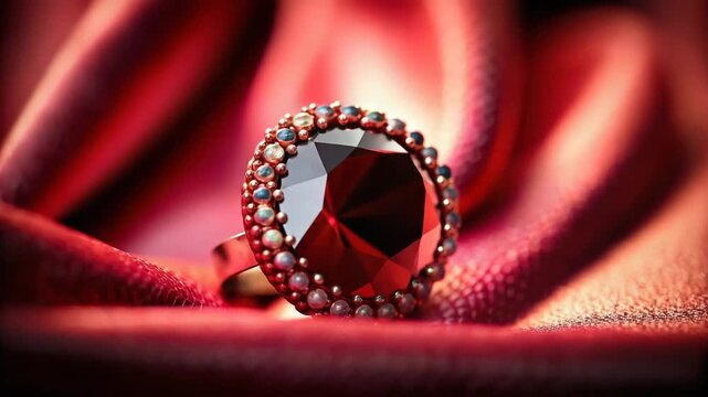 Close-up of a sparkling ruby gemstone ring resting on luxurious red silk fabric for a romance concept and elegant jewelry advertisement