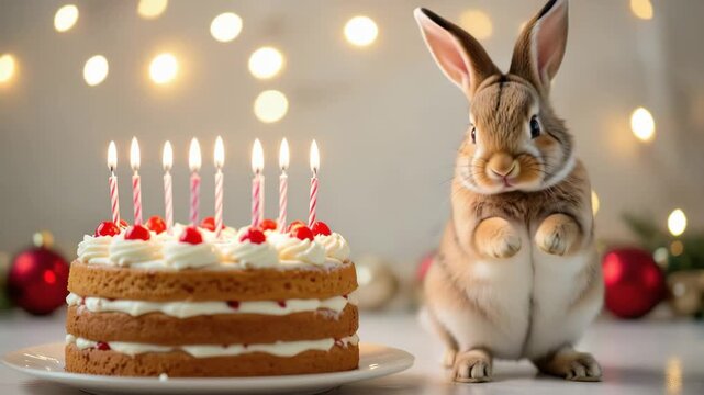 Adorable rabbit standing next to a birthday cake with lit candles in a festive setting with warm bokeh lights for a happy birthday celebration concept