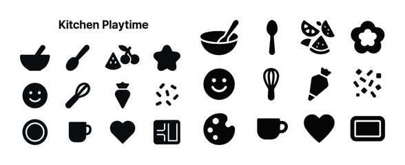 Kitchen playtime icon set: utensils, food, and playful shapes