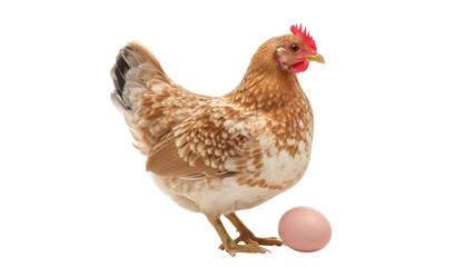 Isolated chicken with an egg concept image, brown hen standing, light coloring, beautiful farm bird