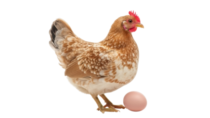 Isolated chicken with an egg concept image, brown hen standing, light coloring, beautiful farm bird