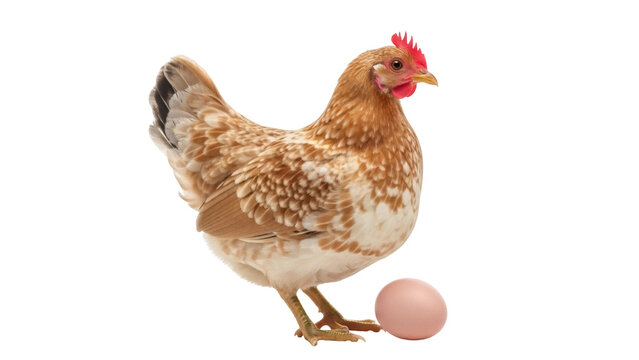 Isolated chicken with an egg concept image, brown hen standing, light coloring, beautiful farm bird