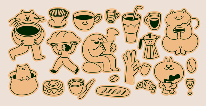 Vector set of sketchy doodle badges and sticker for specialty coffee shop and bakery, cafe concept, cartoon mascots and characters