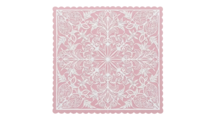 Isolated, decorative square paper cutout with floral elements and scalloped edging, pink hues