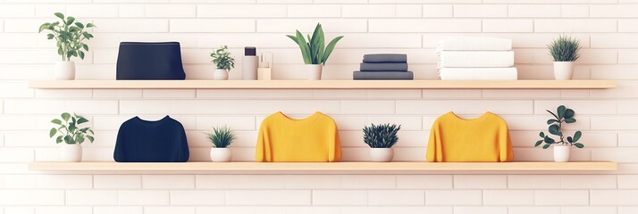 Neatly organized shelves display folded clothes, plants, and personal items, creating a calm and stylish home interior scene