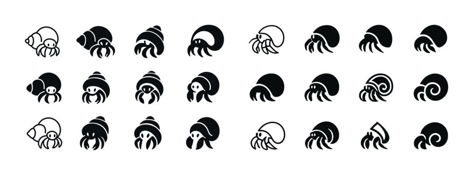 Stylized hermit crab icons set with shell variations