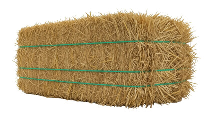 Isolated bale of hay with green plastic bindings, farm countryside rural rustic stack