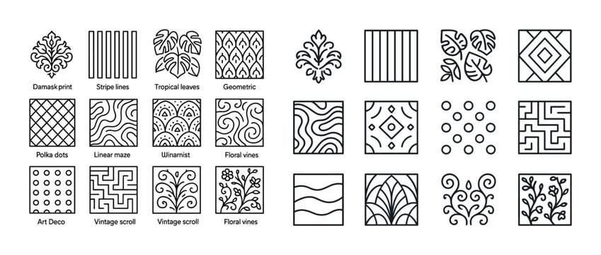 Collection of decorative patterns featuring damask, stripes, tro