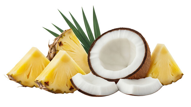 A closeup of a fresh sliced pineapple with coconut isolated on a white background makes a healthy and delicious gourmet fruits