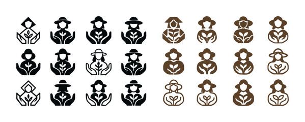 Stylized gardeners icons in black and brown: variety of outlines