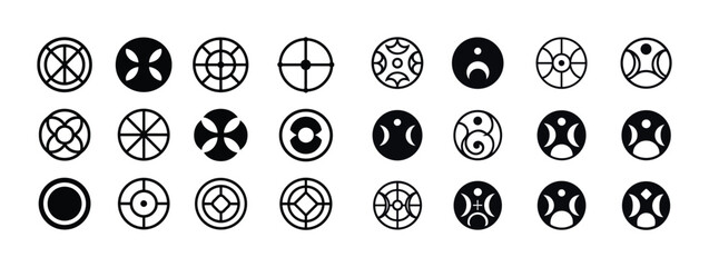 Set of 24 minimalist geometric circular black icons on white bac