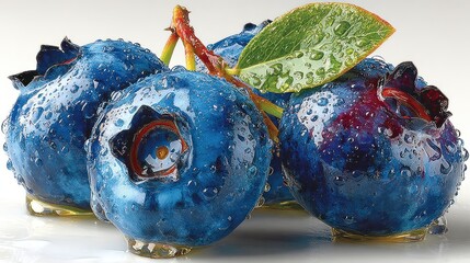 Close-up of dewy, ripe blueberries clustered on delicate stems