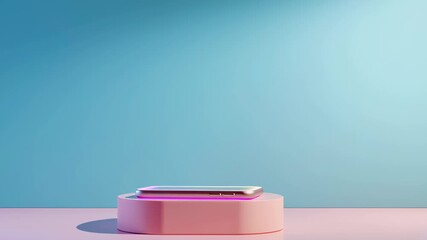 glowing holographic smartphone floating above pastel desk, surreal minimal tech style